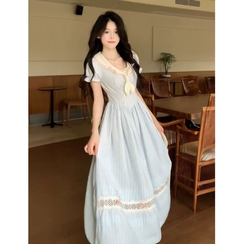 Платье с бантиком для школьников, летний приталенный корсет, длинная юбка, французский стиль, рукава фонарики