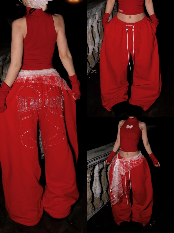 〖New Year Sweatpants〗 Black Box Original Bow Tie Rhinestone Pure Cotton Sweatpants Loose Casual Jazz Dance Pants