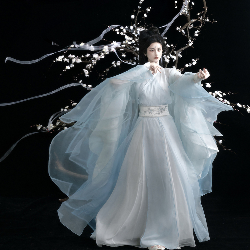 Mengyu Sheng【Zhuyin】Original Hanfu for Women, Wei-Jin Style Straight Skirt, Cool Long-Sleeved Top, Waist-Length Eight-Split Skirt