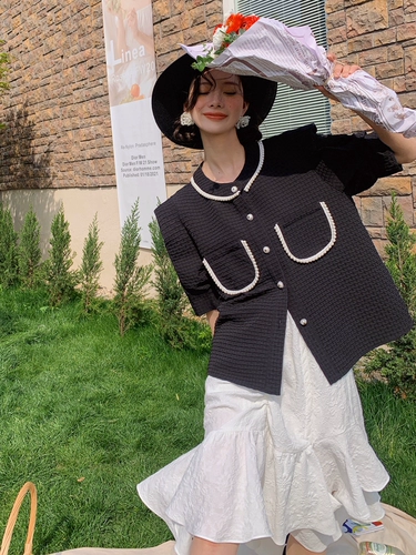 Летняя рубашка из жемчуга, ретро футболка, в стиле Шанель, французский ретро стиль, короткий рукав