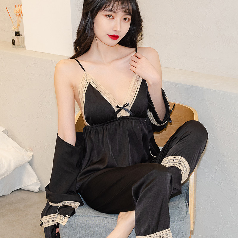 Silk pajamas women's 2022 new summer suspender nightgown three-piece suit ice silk home clothes women with chest pads