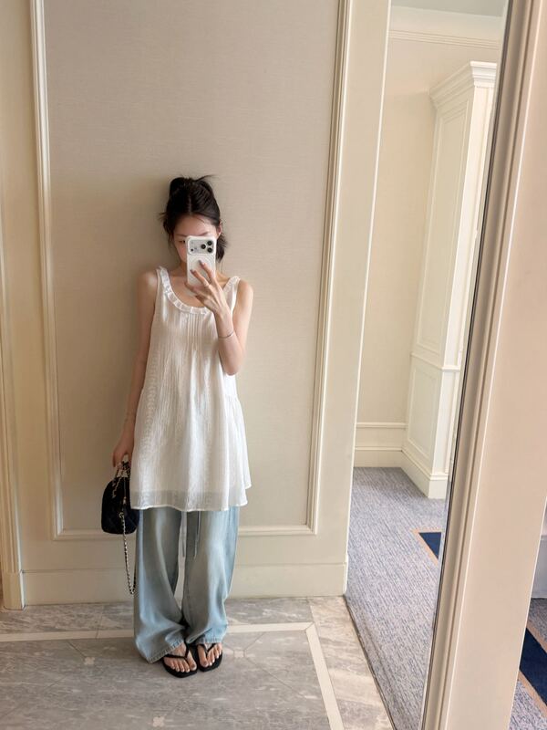 Oker Genuine Product~ Short White Versatile Sleeveless Jacquard Dress with Ruffled Edges A876