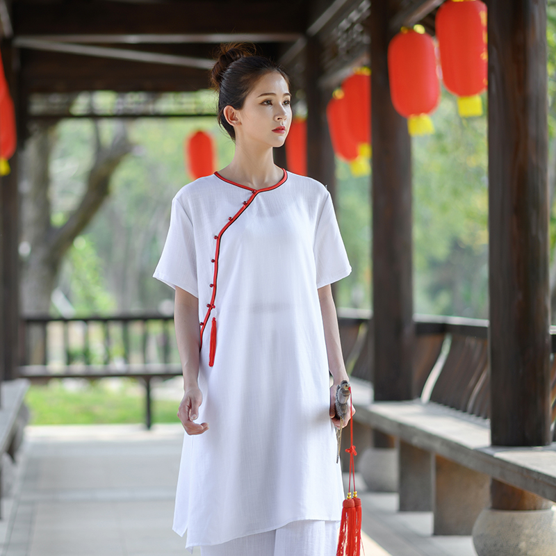 Palate taijiquan Martial Arts Merit Women Custom New Slanted Flap Flutter Short Sleeves Cotton Linen Flag Gown Summer Tai Chi Clothing