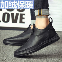 2020 new autumn and winter fashion high-top shoes plus velvet warm casual shoes mens wild black leather booties