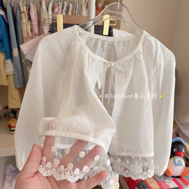 Cool Japanese-Style Tencel Lace Sun Protection Jacket for Girls, Summer Versatile Thin Lace Sun Protection Shirt with Lantern Sleeves