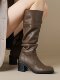 Moriwa Takumi genuine leather round-toe black tall boots for women 2025 autumn and winter new thick heel high heel knight boots