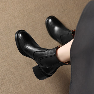 Senhejiang First-Layer Cowhide Round-Toe High-Heeled Chelsea Short Boots for Women, Autumn and Winter New Style, Thick-Heeled Black Martin Boots
