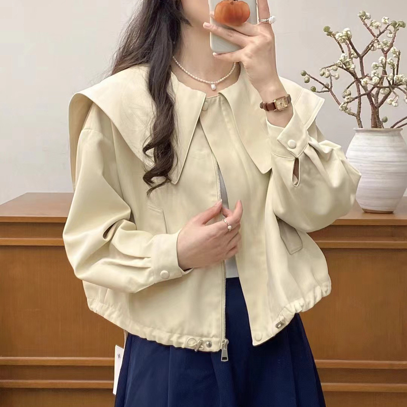 Navy Style Large Lapel Long-Sleeved Zipper Short Jacket for Women Solid Color Loose Short Windbreaker 2024 Autumn New Women's Clothing Navy Style Large Lapel Long-Sleeved Zipper Short Jacket for Women Solid Color Loose Short Windbreaker 2024 Autumn New Women's Clothing