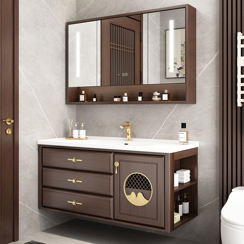 2026 New Model New Chinese Style Bathroom Cabinet Set, Antique Style Walnut Color Solid Wood Ceramic Integrated Basin Washstand Cabinet