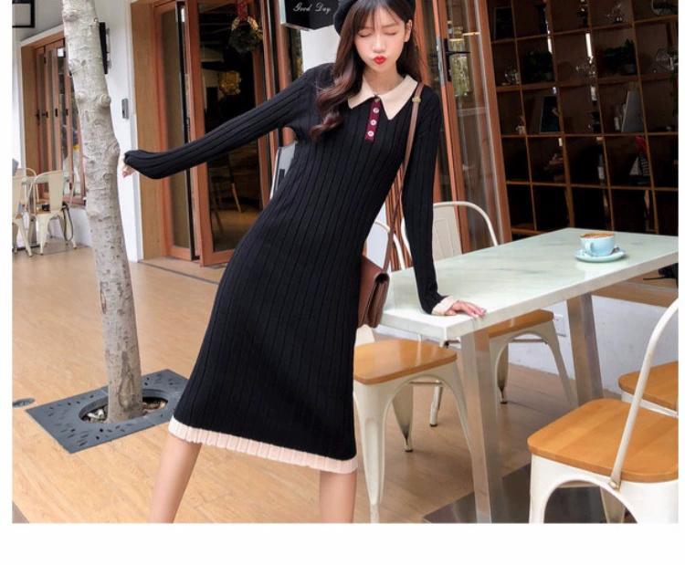 Yang Momo Thu đông 2018 mới cao eo rộng tay áo dài Cổ áo Polo dài váy đen