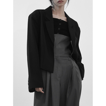 2021 autumn new black high waist short zipper women's small suit loose long sleeve right angle shoulder slim casual women