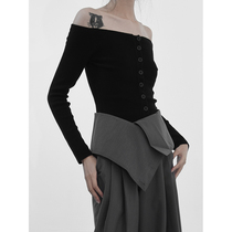 2021 autumn new sexy shoulder-free slim collar bottoming shirt short black slim wool knitted sweater