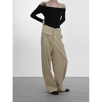 2021 autumn new apricot high waist wide leg suit pants pocket design mop loose art lazy Joker women