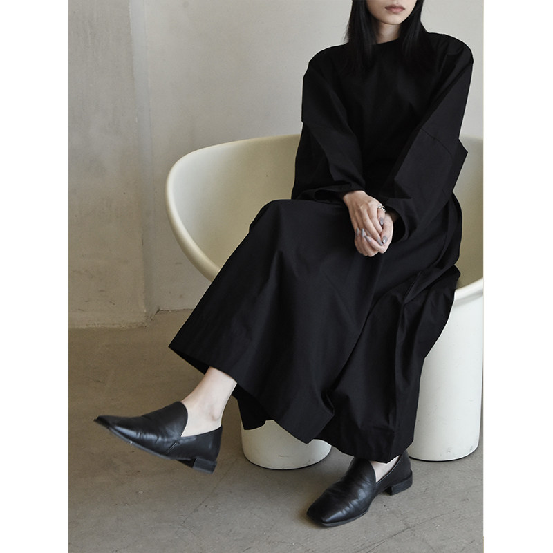 2021 autumn new round neck nine-split sleeve silhouette dress drawstring waist design Medium-length dress minimalist women