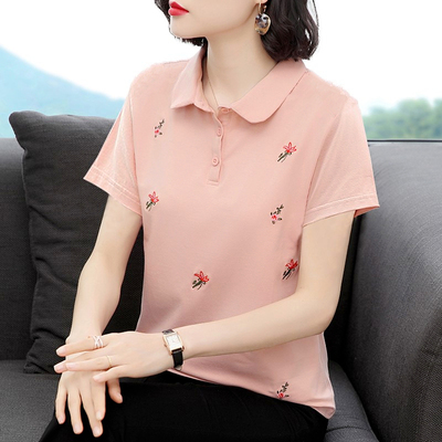 翻领POLO短袖上衣女士夏季2021新款刺绣妈妈装显瘦百搭纯棉t恤衫