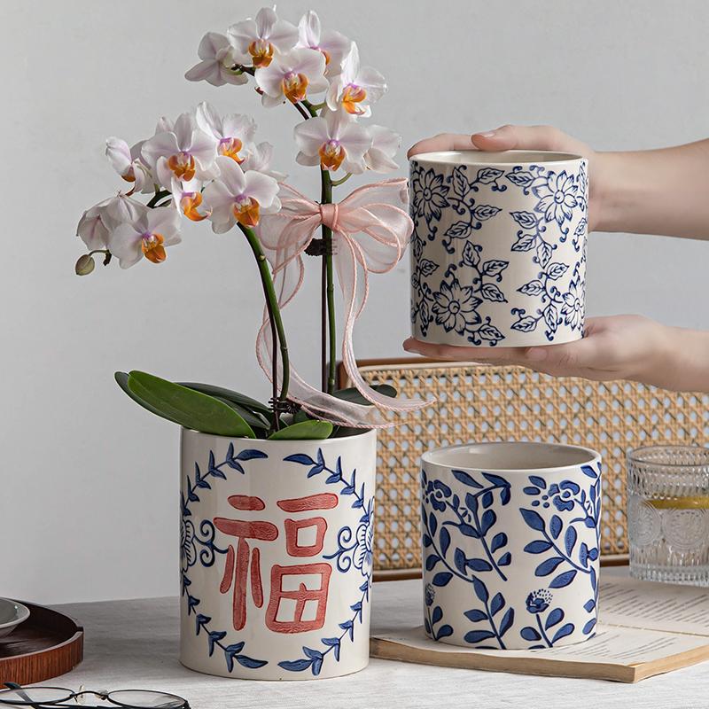 Phalaenopsis Ceramic Straight Flower Pot, Blue and White Porcelain, Retro Green Plant and Flower Universal Pot, Chinese Style Indoor Decoration Porcelain