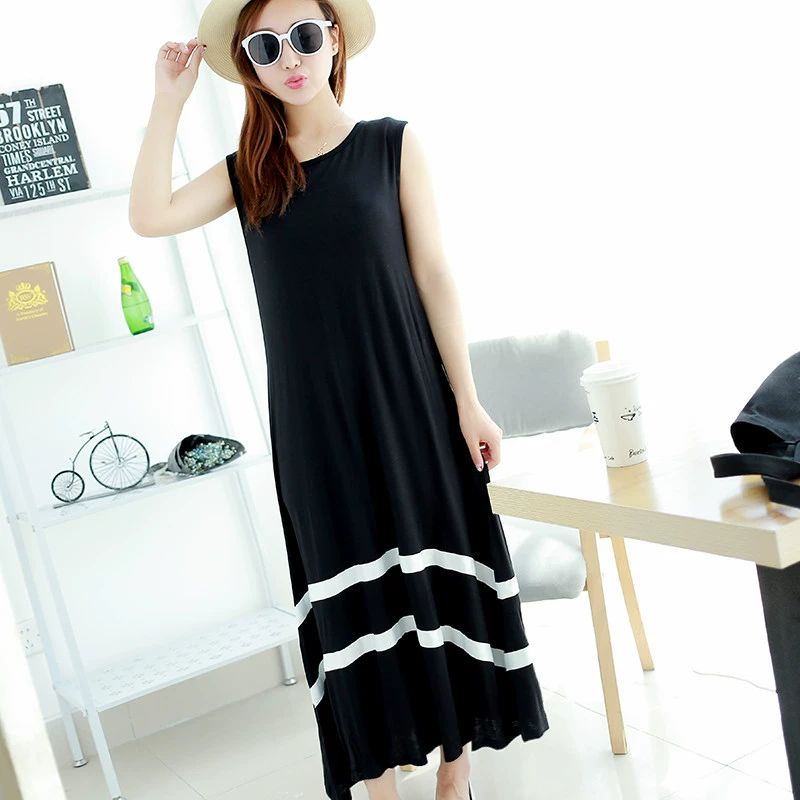 Phong cách mới váy dài phương thức mùa hè không tay cộng với kích thước của phụ nữ lỏng lẻo và mỏng váy xoay lớn váy đầm đi biển kỳ nghỉ - Váy dài