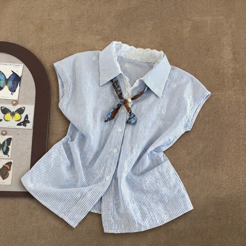 Lace Patchwork Polo Collar Top, Summer Fashion Striped Flutter Sleeve Shirt for Women, Waist-Cinching Slimming Design Shirt