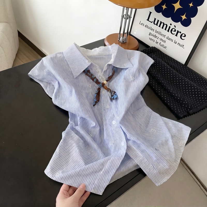 Blue Striped Shirt for Women with Lace Splicing Design, New Summer Style Slim Fit Short Top, Youthful and Stylish Blouse