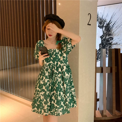 Свежее летнее платье, зеленая кукла, рукава фонарики, в цветочек, 2024 года, новая коллекция, квадратный вырез