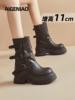 Black Martin Boots for Women, 2025 Autumn and Winter New Style, Buckle Slim Boots, Short Boots, 11cm Thick Sole, Height-Increasing Trouser Boots