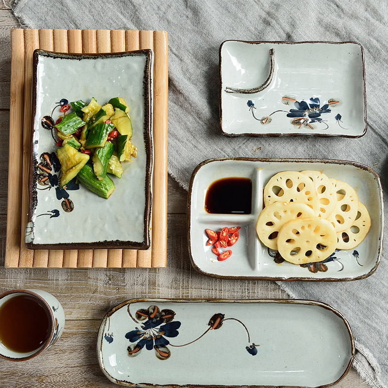 Three Japanese ceramic creative sushi plate sashimi dish under the glaze color four square plate long Korean dish dish dish