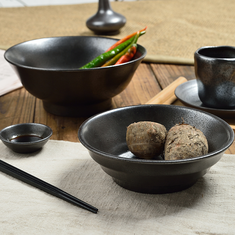 Three large soup bowl of pottery and porcelain household soup bowl bowl large bucket bowl of microwave inferior smooth tableware characteristics of black art