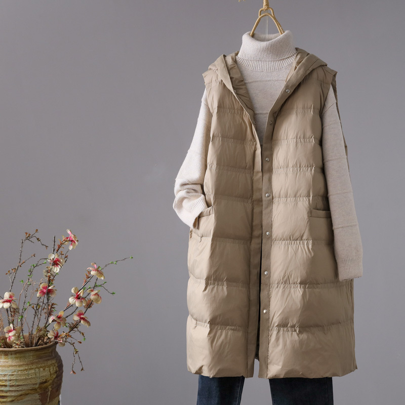 Autumn and Winter New Fashion Korean Style Hooded Mid-Length Large Size down Jacket Vest for Women 90 White Duck down Over-The-Knee Vest Autumn and Winter New Fashion Korean Style Hooded Mid-Length Large Size down Jacket Vest for Women 90 White Duck down Over-The-Knee Vest