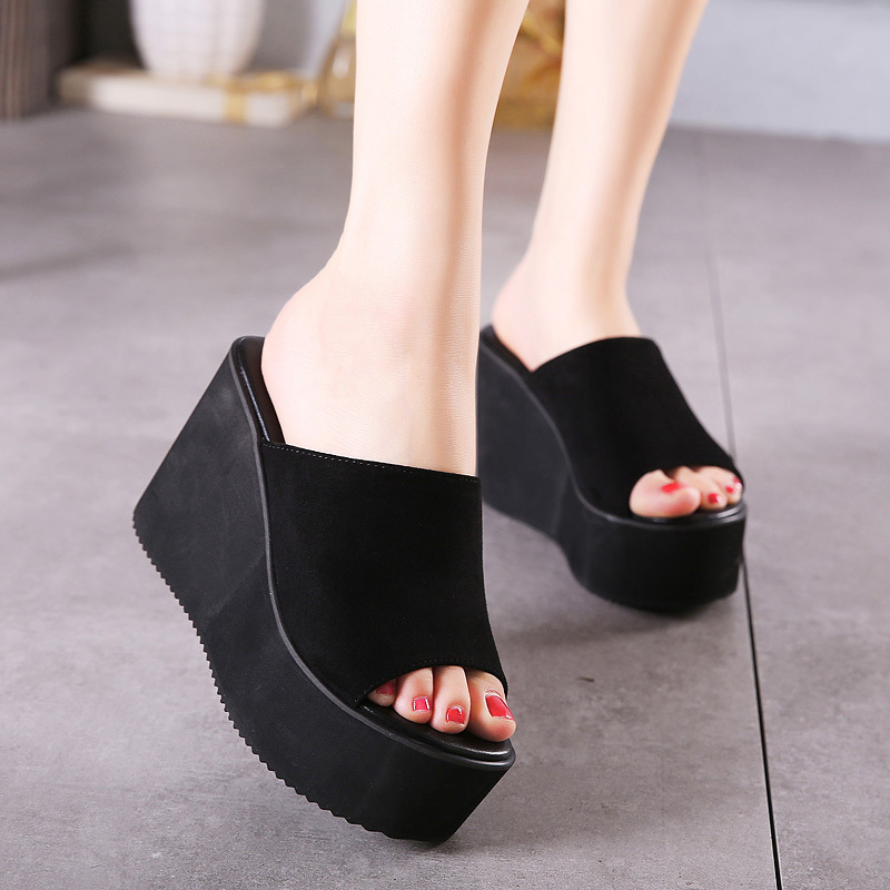 Wedge Super High Heel Sandals Waterproof Platform Platform Thick-Soled Fashionable Black Summer Slippers Frosted Leather Slippers Women's Shoes