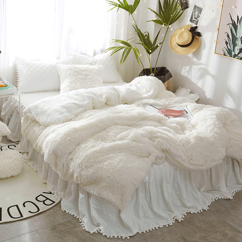 Winter Coral Fleece Four-piece Thick Plush Solid Color Four-piece Double-sided Fleece Princess Wind Flannel Padded Bed Skirt