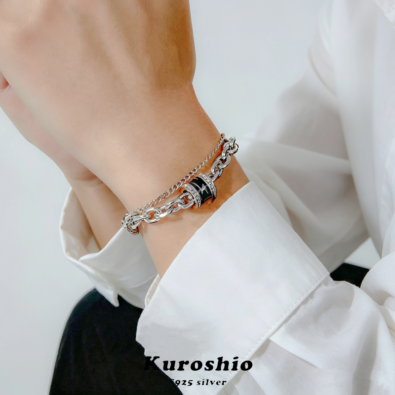 Black Tide Kuroshio丨Sterling Silver Lightning Transfer Bead Double Layer Cuban Chain Splicing Bracelet New Style High-End Feel Black Tide Kuroshio丨Sterling Silver Lightning Transfer Bead Double Layer Cuban Chain Splicing Bracelet New Style High-End Feel
