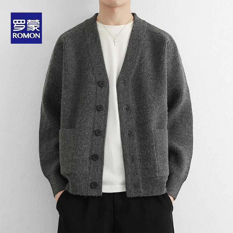 Romon Knitted Cardigan Jacket for Men, New Spring and Autumn Style, High-End Trendy Brand, Simple Loose Casual V-Neck Sweater Romon Knitted Cardigan Jacket for Men, New Spring and Autumn Style, High-End Trendy Brand, Simple Loose Casual V-Neck Sweater