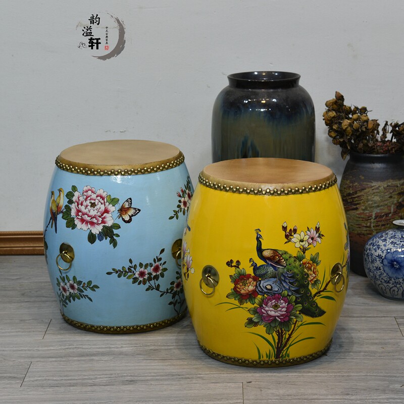 Drum stool can be moved modern Chinese creative solid wood cowhide painted coffee table stool makeup chair change shoe stool Guzheng stool