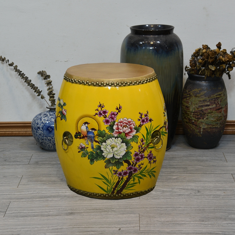 Drum stool solid wood modern Chinese retro round stool makeup chair painted leather bench coffee table stool changing shoe stool Guzheng stool