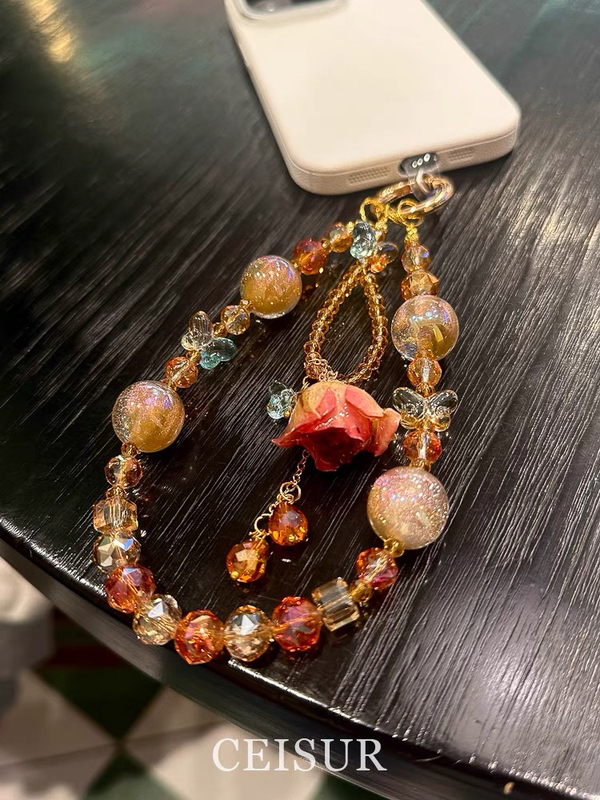 [Retro Rose] Orange-Red Glass Beaded Rose Mobile Phone Chain Women's Keychain New Year's Gift Small Pendant