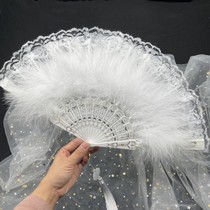 Folding fan Easy opening and closing classical Lorita Flagship Gown Walking Show Lace feather fan photo Dark Black Lace Summer Fold Fan