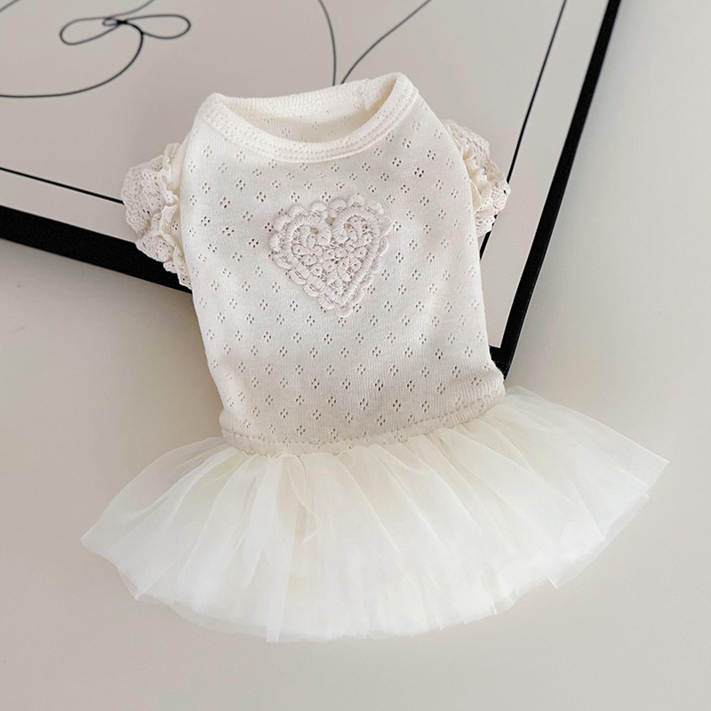 Pet Cat and Dog Clothes, Korean Style Pure Cotton Knitted Spring and Summer Thin Beige Gauze Princess Dress for Teddy, Pomeranian, and Bichon Frise