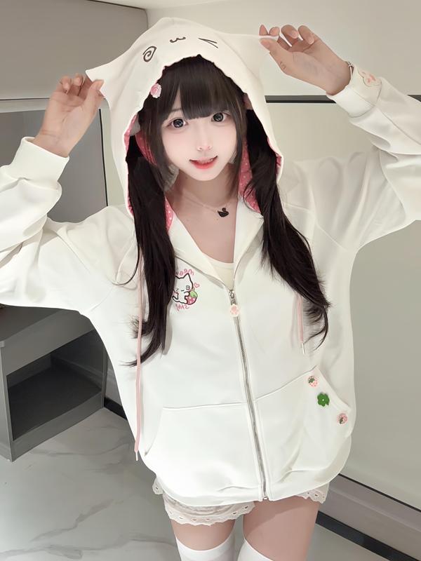 Japanese-Style Cute Strawberry Cat Emoji Embroidered Cat Ear Hooded Sweatshirt for Women, Autumn and Winter Subculture Otaku Cute Fleece Jacket