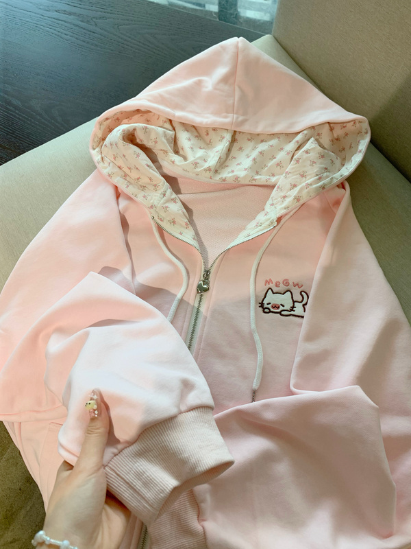Japanese-Style Cute Floral Reversible Hooded Sweatshirt for Women, Spring and Autumn, Cute Cat Embroidery, Long-Sleeve Zip-Up Jacket