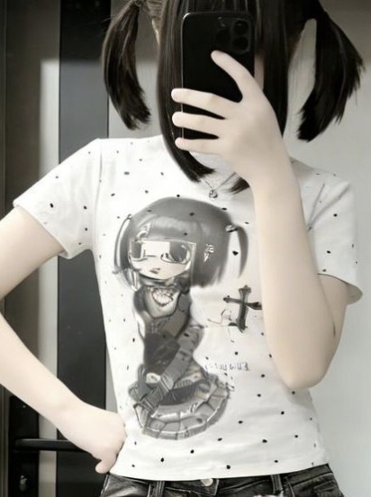 "Alice" Original Japanese Retro Subculture Anime Polka Dot Short-Sleeved T-Shirt for Women Summer Slim Fit Top "Alice" Original Japanese Retro Subculture Anime Polka Dot Short-Sleeved T-Shirt for Women Summer Slim Fit Top
