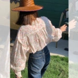 Ретро хлопковая футболка, цветочный принт, коллекция 2022, в корейском стиле, рукава фонарики