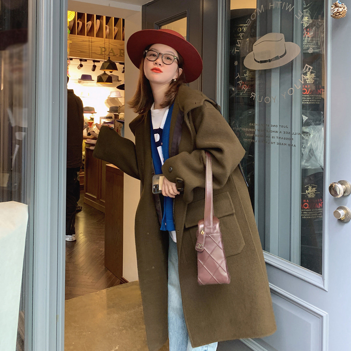 Libeline sisy winter black hooded double-sided woolen coat women's casual single-breasted mid-length woolen coat