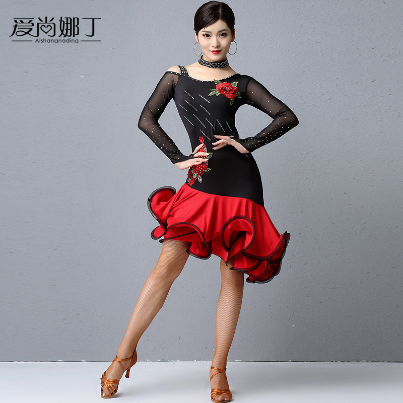 Eshanna Latin Dance Show Costume Professional Competition for Adults 2020 New Long Sleeve Dress