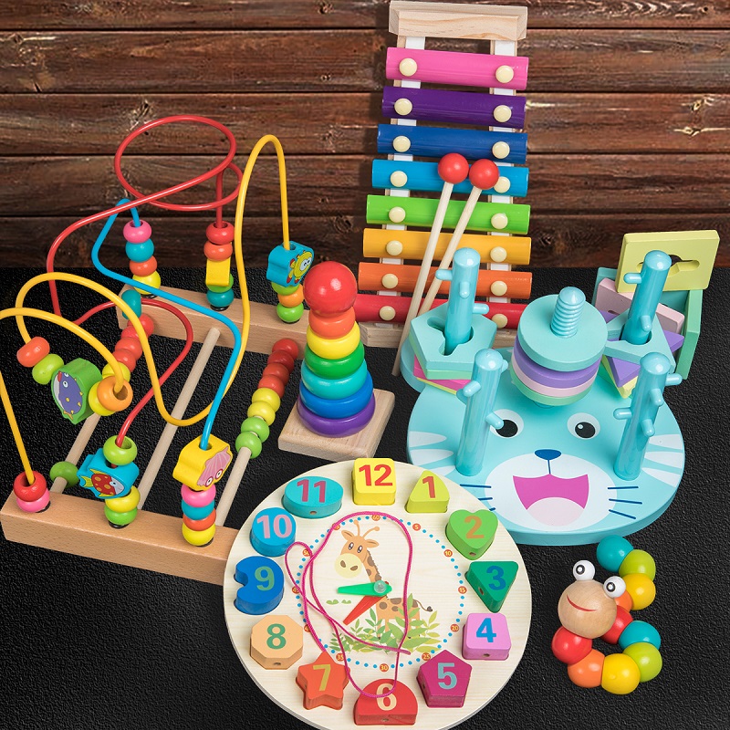 Baby Baby Building Blocks Around Beads String Beads Children Puzzle 1-year-old Intelligence 6-12 months Early teaching toy wood shelf