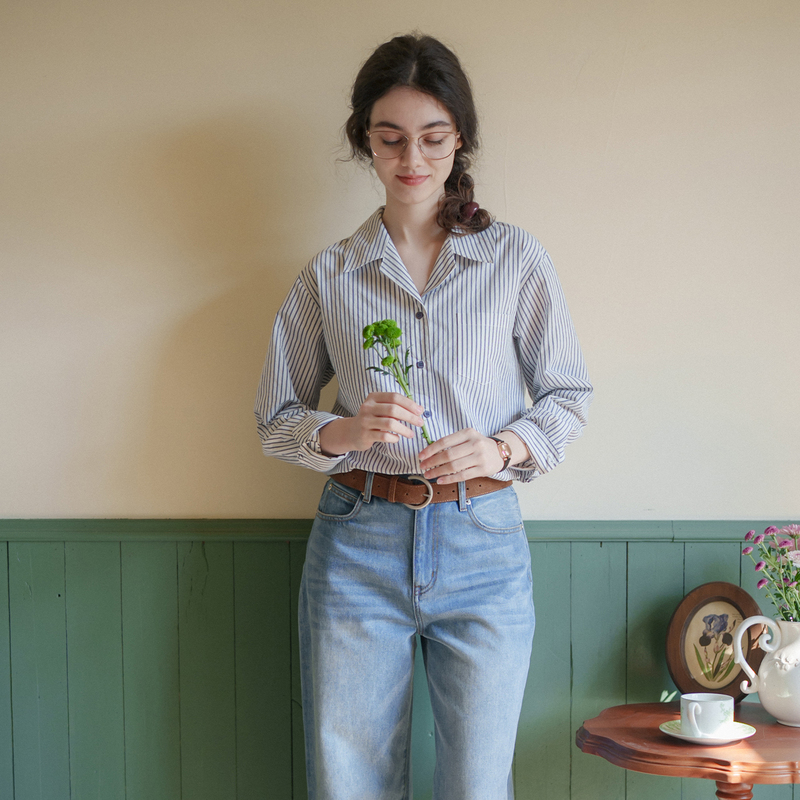 Marchnoon French-Style Blue and White Striped Shirt, Pima Cotton Linen, Cuban Collar, Loose Shirt, Slimming Top Marchnoon French-Style Blue and White Striped Shirt, Pima Cotton Linen, Cuban Collar, Loose Shirt, Slimming Top