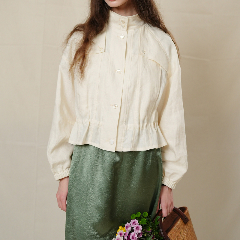 Marchnoon French Retro Jacket, Old Money Style Linen Stand Collar Waist-Cinching Coat, Relaxed and Loose Sun Protection Clothing