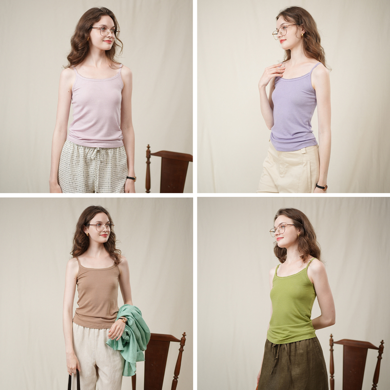 Marchnoon French-Style Lace Collar Camisole with Tencel Wool, Simple Inner Wear, Slimming Effect, Color-Blocking Layering Camisole