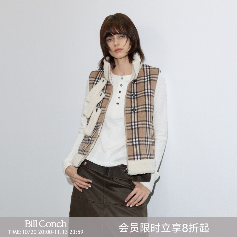 【British Plaid】Billconch Classic Retro Plaid Vest for Women, Faux Lamb Wool Patchwork Stand Collar Vest