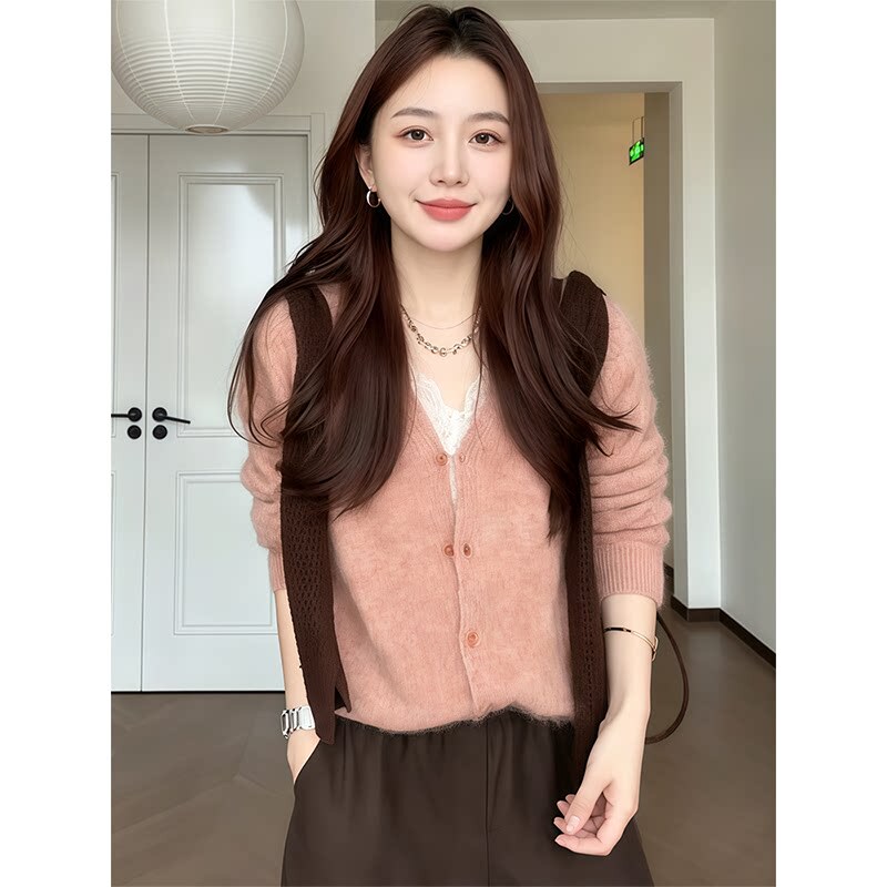 Korean Style Lazy Mohair Cardigan for Women, Autumn White-Enhancing Pink V-Neck Single-Breasted Short Knitted Jacket
