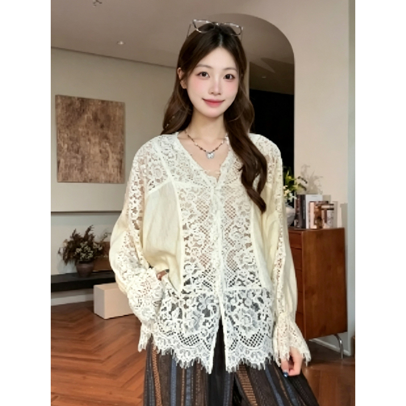 Light Luxury and High-End Lace Jacquard Hollow-Out Fringed Fringe Shirt for Women, Autumn Slim-Fit Versatile Layering Long-Sleeve Blouse Light Luxury and High-End Lace Jacquard Hollow-Out Fringed Fringe Shirt for Women, Autumn Slim-Fit Versatile Layering Long-Sleeve Blouse